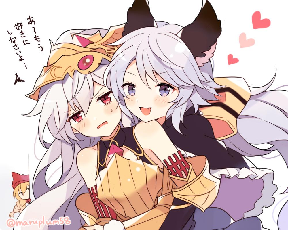 3girls :d armor athena_(granblue_fantasy) bangs bare_shoulders blonde_hair blush bodysuit braid breasts capelet commentary_request elbow_gloves eyebrows_visible_through_hair fang gauntlets gloves granblue_fantasy hair_between_eyes hair_ribbon head_tilt headpiece heart helmet hug hug_from_behind jitome lavender_hair leaning_on_person leaning_to_the_side long_hair looking_at_another looking_at_viewer looking_to_the_side low_twintails maru_(maruplum) medusa_(shingeki_no_bahamut) multiple_girls open_mouth peeking_out pointy_ears purple_eyes purple_hair red_eyes ribbon satyr_(granblue_fantasy) shingeki_no_bahamut slit_pupils small_breasts smile translation_request twin_braids twintails twitter_username upper_body very_long_hair