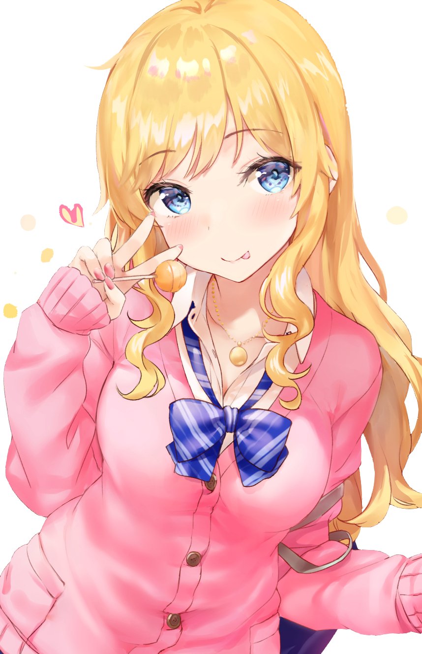 1girl blonde_hair blue_bow blue_eyes blush bow breasts bvucki36gzoeq1c candy closed_mouth collarbone eyebrows_visible_through_hair food heart highres idolmaster idolmaster_cinderella_girls jewelry large_breasts lollipop long_sleeves looking_at_viewer nail_polish necklace ootsuki_yui pink_nails smile solo tongue tongue_out