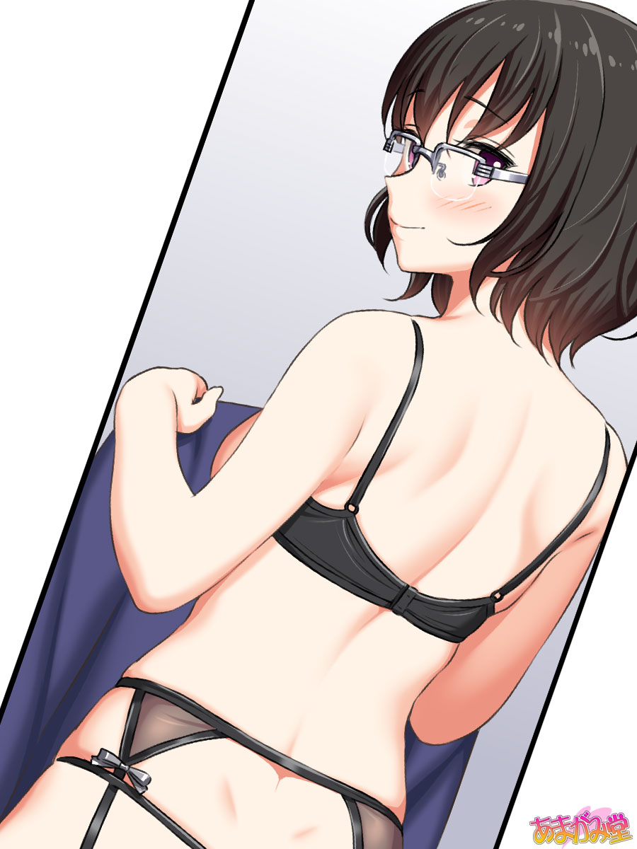 1girl amagamido back bangs bare_arms bare_shoulders black_bra black_hair black_panties blanket blush bra breasts closed_mouth commentary_request dimples_of_venus dutch_angle eyebrows_visible_through_hair from_behind garter_belt glasses grey-framed_eyewear highres holding jimiko_(amagamido) looking_at_viewer looking_back medium_breasts original over-kneehighs panties purple_eyes sideboob skindentation smile solo thighhighs underwear underwear_only upper_body