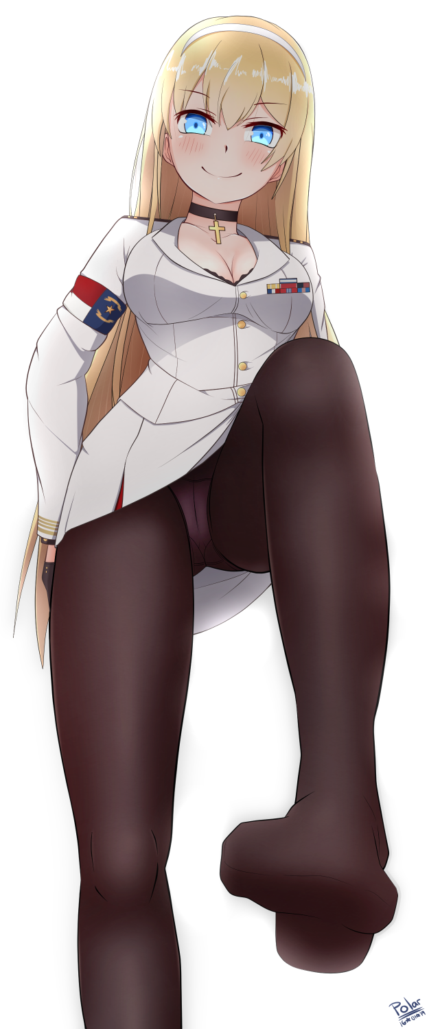 1girl azur_lane bdsm black_legwear blonde_hair blue_eyes blush breasts choker cleavage feet foot_worship hairband highres long_hair looking_at_viewer looking_down medium_breasts military military_uniform north_carolina_(azur_lane) panties panties_under_pantyhose pantyhose pantyshot polar_(admiral_pola) sadism smile solo underwear uniform white_background