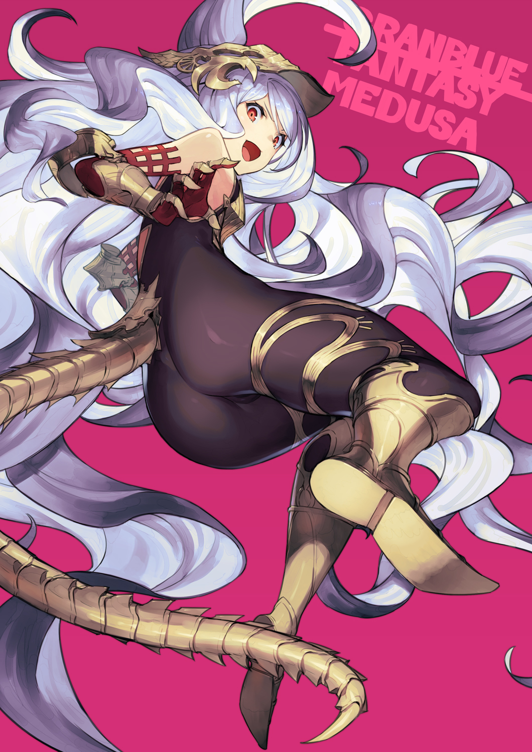 1girl ainezu ass bangs bare_shoulders blush bodysuit breasts cameltoe character_name commentary copyright_name elbow_gloves from_below full_body gloves granblue_fantasy hair_between_eyes headpiece high_heels highres lavender_hair long_hair looking_at_viewer medusa_(shingeki_no_bahamut) open_mouth pointy_ears red_background red_eyes shingeki_no_bahamut small_breasts solo tail very_long_hair wavy_hair