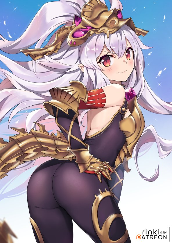 &gt;:) 1girl ass backless_outfit bangs bare_shoulders black_bodysuit blush bodysuit closed_mouth commentary_request eyebrows_visible_through_hair gauntlets granblue_fantasy hair_between_eyes hand_on_hip head_tilt headpiece lo_xueming long_hair looking_at_viewer looking_back medusa_(shingeki_no_bahamut) patreon_username red_eyes shingeki_no_bahamut silver_hair smile solo tail v-shaped_eyebrows very_long_hair