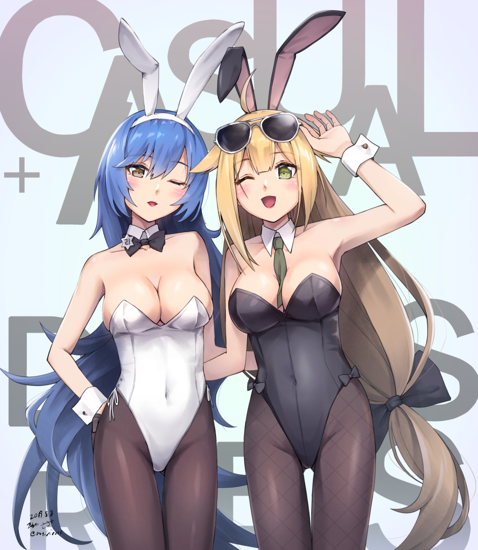 2girls animal_ears aqua_background aviator_sunglasses between_breasts black_legwear black_leotard black_neckwear blonde_hair blue_hair bow bowtie breasts brown_eyes bunny_ears bunny_girl bunnysuit cleavage commentary_request cowboy_shot dated detached_collar eyewear_on_head girls_frontline gluteal_fold green_eyes large_breasts leotard long_hair looking_at_viewer m1918_bar_(girls_frontline) multiple_girls necktie one_eye_closed pantyhose sarasa_(kanbi) signature standing strapless strapless_leotard sunglasses tar-21_(girls_frontline) thigh_gap twitter_username white_leotard wrist_cuffs