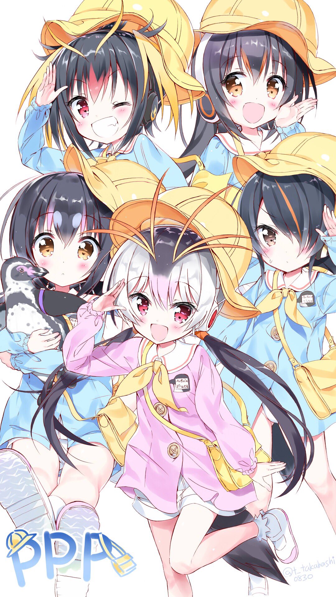 1boy 5girls arm_up bag bird black_hair blue_shirt blush brown_eyes commentary_request emperor_penguin_(kemono_friends) gentoo_penguin_(kemono_friends) grape-kun grin hair_over_one_eye hand_to_own_mouth hat headphones highres hug humboldt_penguin_(kemono_friends) kemono_friends kindergarten_uniform leg_up legs_crossed leotard leotard_under_clothes long_hair low_twintails mary_janes multiple_girls no_pants one_eye_closed open_mouth penguin penguin_tail penguins_performance_project_(kemono_friends) pink_shirt red_eyes rockhopper_penguin_(kemono_friends) royal_penguin_(kemono_friends) salute shirt shoes short_hair simple_background sitting skirt smile socks standing standing_on_one_leg tail takahashi_tetsuya twintails white_background white_footwear white_leotard white_skirt yellow_headwear