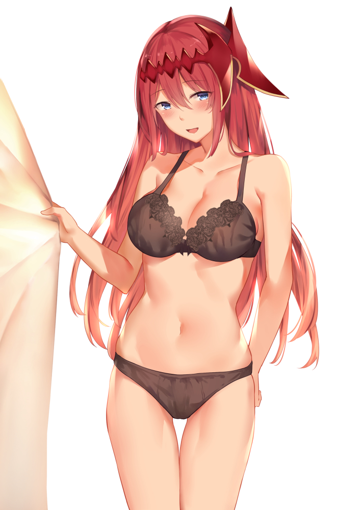 1girl bangs bare_shoulders black_bra black_panties blue_eyes blush bra breasts cleavage collarbone godguard_brodia granblue_fantasy hair_between_eyes hair_ornament large_breasts long_hair looking_at_viewer navel open_mouth panties red_hair simple_background smile solo suzuame_yatsumi thighs underwear underwear_only very_long_hair white_background