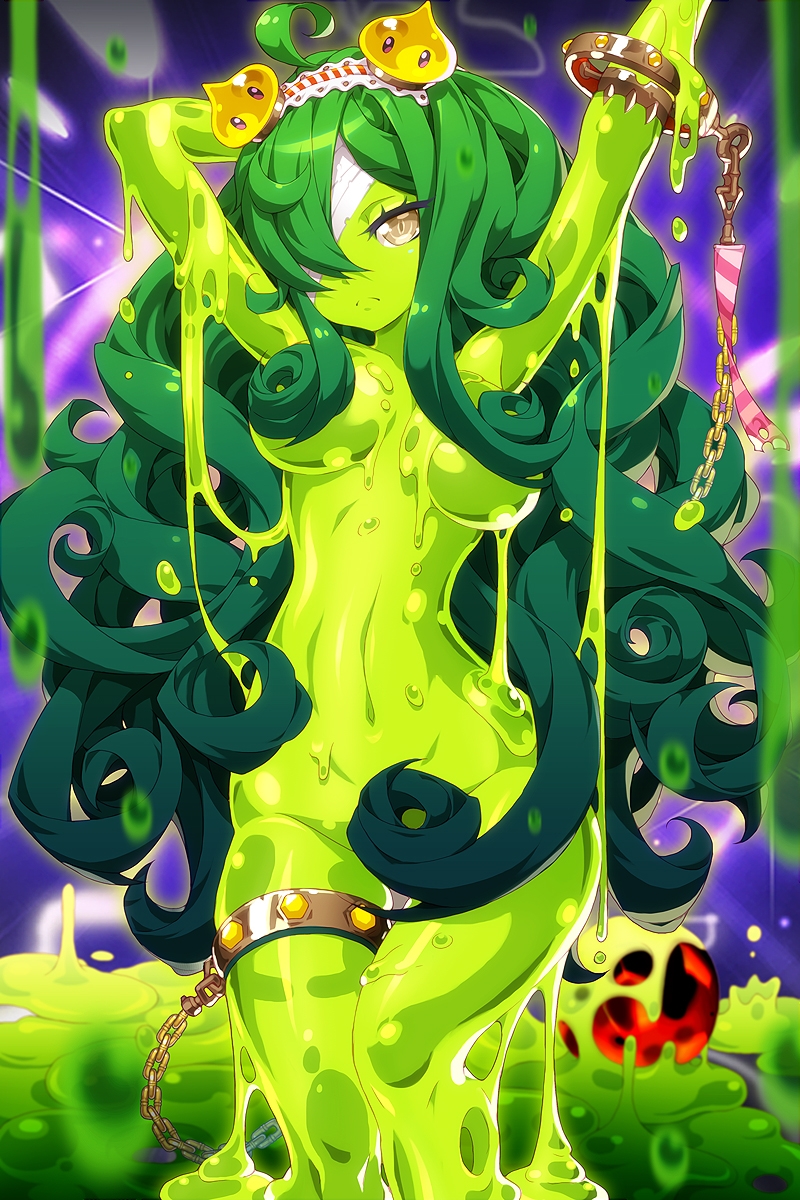 1girl ahoge armlet arms_up ball breasts chains comiccho dripping frown full_body goo_girl green_hair green_skin hair_censor hair_over_one_eye head_bandage highres long_hair looking_at_viewer medium_breasts monster_girl navel slime soccer_spirits standing thighlet very_long_hair yellow_eyes
