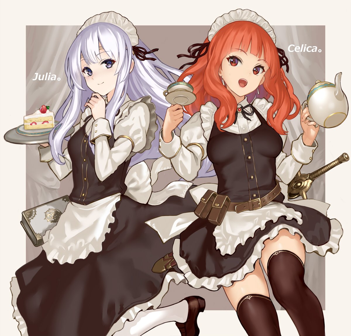 2girls alternate_costume belt belt_pouch book cake celica_(fire_emblem) character_name circlet closed_mouth cup fire_emblem fire_emblem:_seisen_no_keifu fire_emblem_echoes:_mou_hitori_no_eiyuuou food hiyashiru holding holding_plate holding_teapot long_hair long_sleeves maid maid_headdress multiple_girls nintendo open_mouth plate pouch purple_eyes purple_hair red_eyes red_hair scabbard sheath sheathed slice_of_cake smile sword teacup teapot thighhighs weapon white_legwear yuria_(fire_emblem)