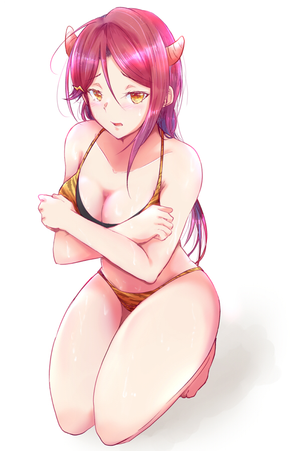 1girl animal_print barefoot bikini breasts cleavage collarbone covering covering_one_breast full_body hair_between_eyes horns hzk kneeling long_hair looking_at_viewer love_live! love_live!_sunshine!! medium_breasts open_mouth print_bikini red_hair sakurauchi_riko shiny shiny_hair simple_background solo swimsuit tiger_print white_background yellow_bikini yellow_eyes