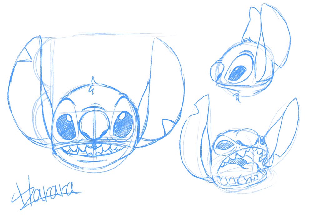 2018 alien blue_and_white chest_tuft disembodied_head disney experiment_(species) fur harara head_tuft lilo_and_stitch monochrome notched_ear open_mouth signature simple_background sketch stitch tuft white_background