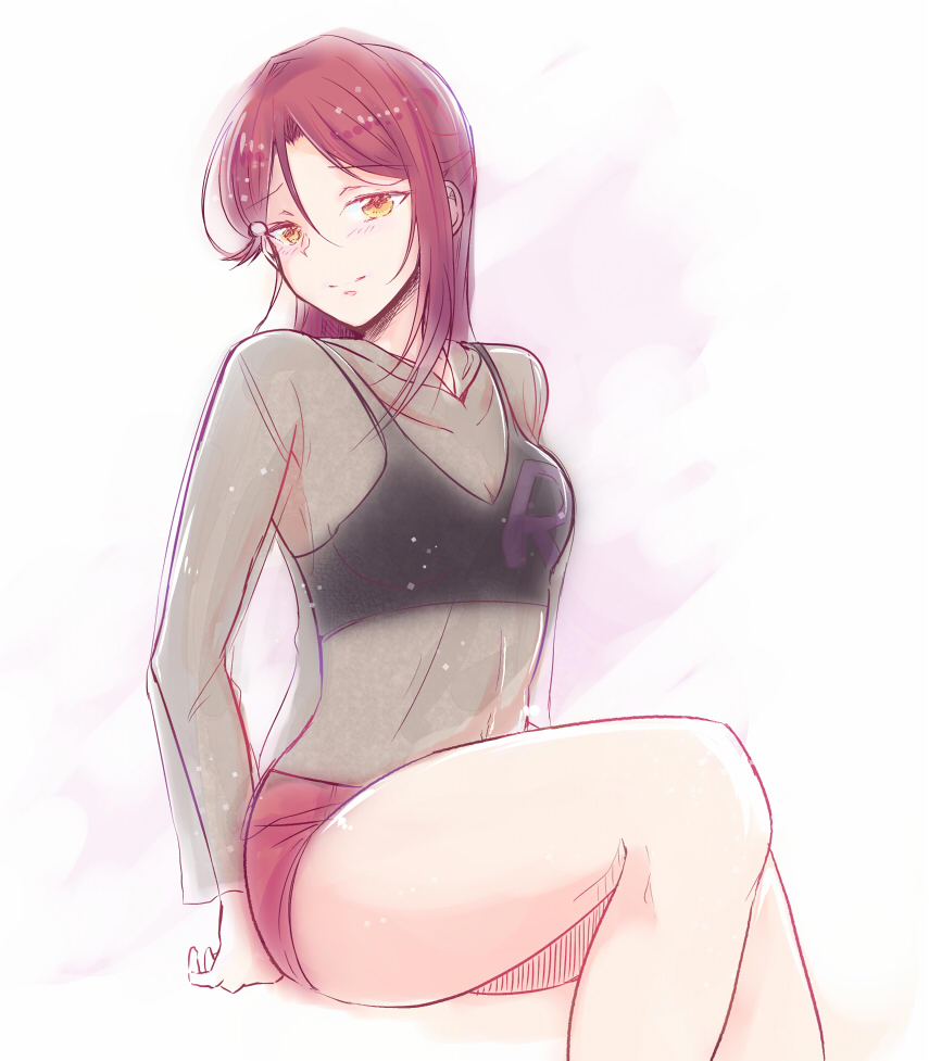 1girl black_bra blush bra breasts brown_hair cleavage eyebrows_visible_through_hair hair_between_eyes hair_ornament hairclip hzk invisible_chair long_hair long_sleeves looking_at_viewer love_live! love_live!_sunshine!! medium_breasts red_shorts sakurauchi_riko see-through short_shorts shorts simple_background sitting smile solo sports_bra underwear white_background yellow_eyes