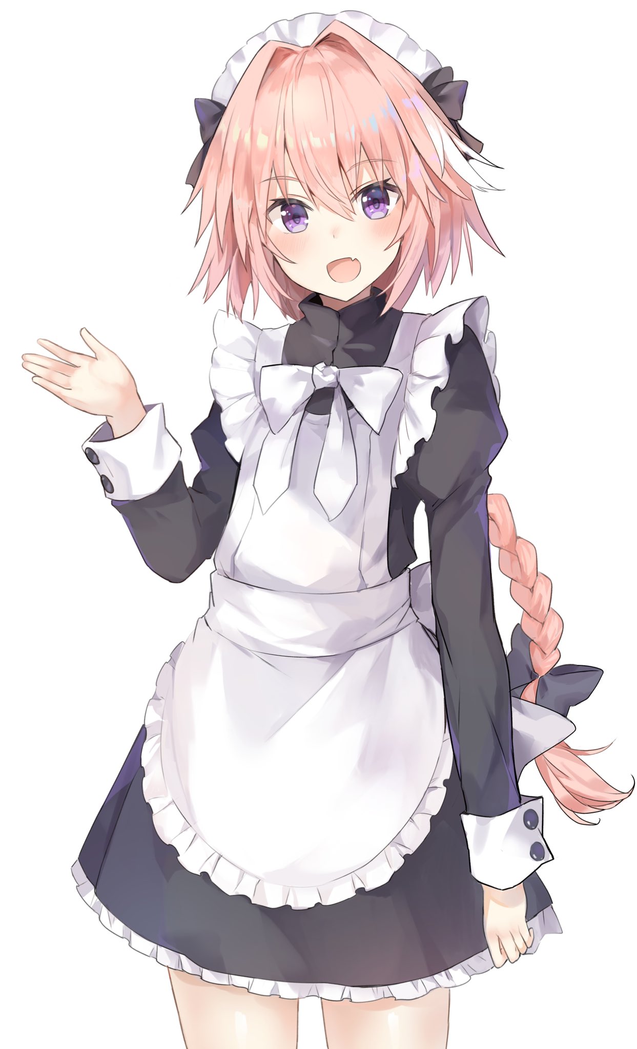 1boy :d alternate_costume apron astolfo_(fate) bangs black_bow black_dress blush bow braid commentary_request cowboy_shot dress enmaided eyebrows_visible_through_hair fang fate/apocrypha fate_(series) frilled_apron frills hair_between_eyes hair_bow hair_intakes hand_up head_tilt highres juliet_sleeves kusumoto_touka long_hair long_sleeves looking_at_viewer maid maid_apron maid_day maid_headdress male_focus multicolored_hair open_mouth pink_hair puffy_sleeves purple_eyes shiny shiny_hair short_dress sidelocks simple_background single_braid skin_fang smile solo standing streaked_hair trap white_apron white_background white_bow white_hair