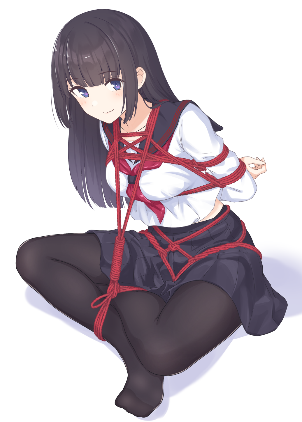 1girl arms_behind_back bangs banned_artist black_hair black_legwear black_sailor_collar black_skirt blunt_bangs blush bound bound_arms bound_legs breasts closed_mouth collarbone full_body highres leaning_forward long_hair long_sleeves looking_at_viewer medium_breasts medium_skirt minagiku neckerchief no_shoes original pantyhose purple_eyes red_neckwear sailor_collar school_uniform serafuku shibari shibari_over_clothes shirt sitting skirt smile solo straight_hair tied_up white_shirt