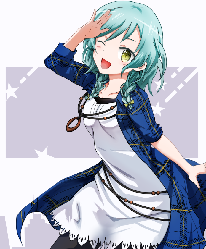 1girl ;d arm_up asymmetrical_sleeves bang_dream! bangs bending_forward black_legwear blue_background blue_hair braid breasts collarbone cowboy_shot dress eyebrows_visible_through_hair fukiya_(fumiakitoyama) green_eyes hand_to_forehead head_tilt hikawa_hina jacket jewelry necklace one_eye_closed open_clothes open_jacket open_mouth pantyhose plaid_jacket short_hair sleeves_pushed_up small_breasts smile solo standing star swept_bangs twin_braids two-tone_background white_background white_dress