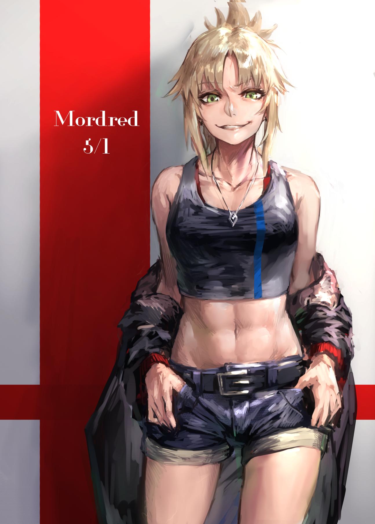 1girl abs bare_shoulders belt blonde_hair character_name collarbone commentary_request dated denim denim_shorts evil_grin evil_smile fate_(series) green_eyes grin highres jacket jewelry mordred_(fate) mordred_(fate)_(all) navel necklace off_shoulder peperon_(peperou) short_shorts shorts simple_background smile solo tank_top thumbs_in_pockets