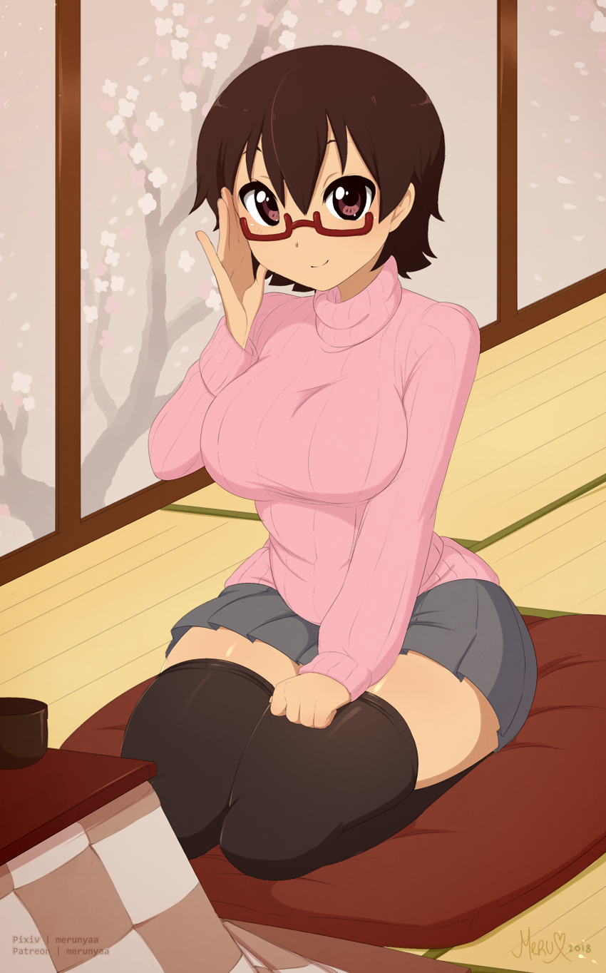 1girl adjusting_eyewear black_legwear blue_skirt breasts brown_hair casual cup full_body hair_between_eyes hand_on_own_thigh highres indoors k-on! kotatsu large_breasts long_sleeves looking_at_viewer manabe_nodoka merunyaa miniskirt mug pillow pink_sweater pleated_skirt purple_eyes red-framed_eyewear ribbed_sweater seiza semi-rimless_eyewear short_hair sitting sitting_on_pillow skirt smile solo sweater table thighhighs turtleneck turtleneck_sweater under-rim_eyewear wooden_floor zettai_ryouiki