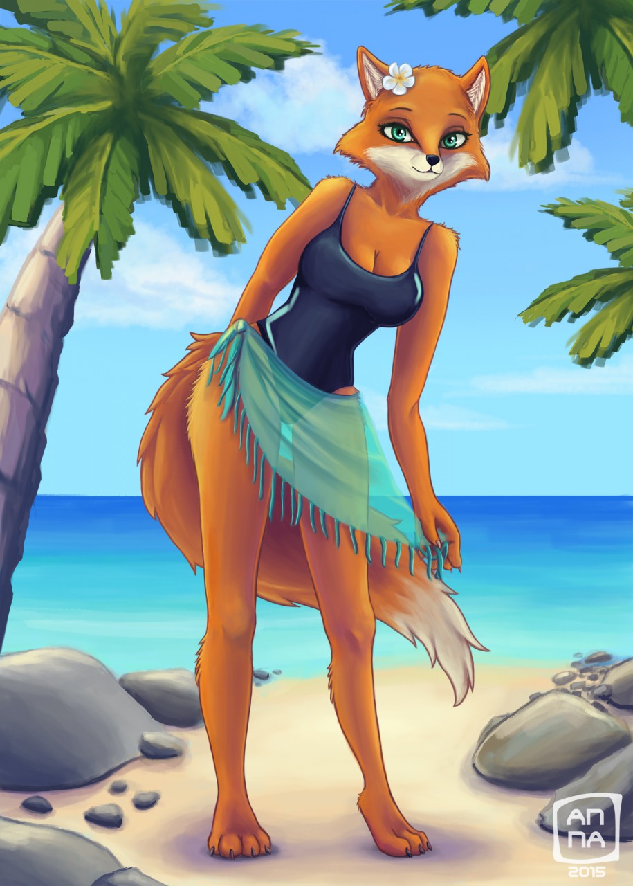 2015 4_toes 5_fingers anthro beach black_clothing black_swimwear blue_sky breasts brutal_paws_of_fury canid canine cheek_tuft claws cleavage clothed clothing cloud dipstick_tail female flower fox foxy_roxy front_view fur hair_ornament hi_res inner_ear_fluff leaning leaning_forward mammal multicolored_tail nuditon orange_fur palmtree plant sand sarong sea seaside sky solo standing swimwear tan_fur teal_eyes toes translucent translucent_clothing tuft video_games water