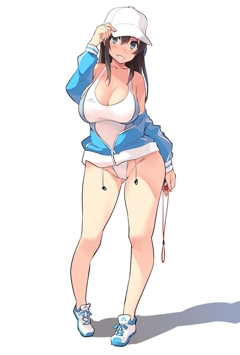 1girl bare_legs baseball_cap blue_eyes breasts brown_hair cleavage competition_swimsuit full_body gluteal_fold grin hair_between_eyes hand_on_headwear hat highleg highleg_swimsuit highres huge_breasts jacket kekemotsu long_hair off_shoulder one-piece_swimsuit original pigeon-toed shoes sidelocks simple_background smile sneakers solo standing stopwatch swimsuit watch white_background wide_hips