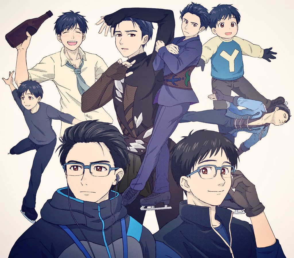 1boy ^_^ black_gloves black_hair blue-framed_eyewear bottle brown_eyes child closed_eyes collared_shirt earbuds earphones eyes_closed glasses gloves hair_slicked_back ice_skates jacket katsuki_yuuri male_focus multiple_persona necktie shirt skates smile standing standing_on_one_leg takeshi_(mononohu20) track_jacket younger yuri!!!_on_ice