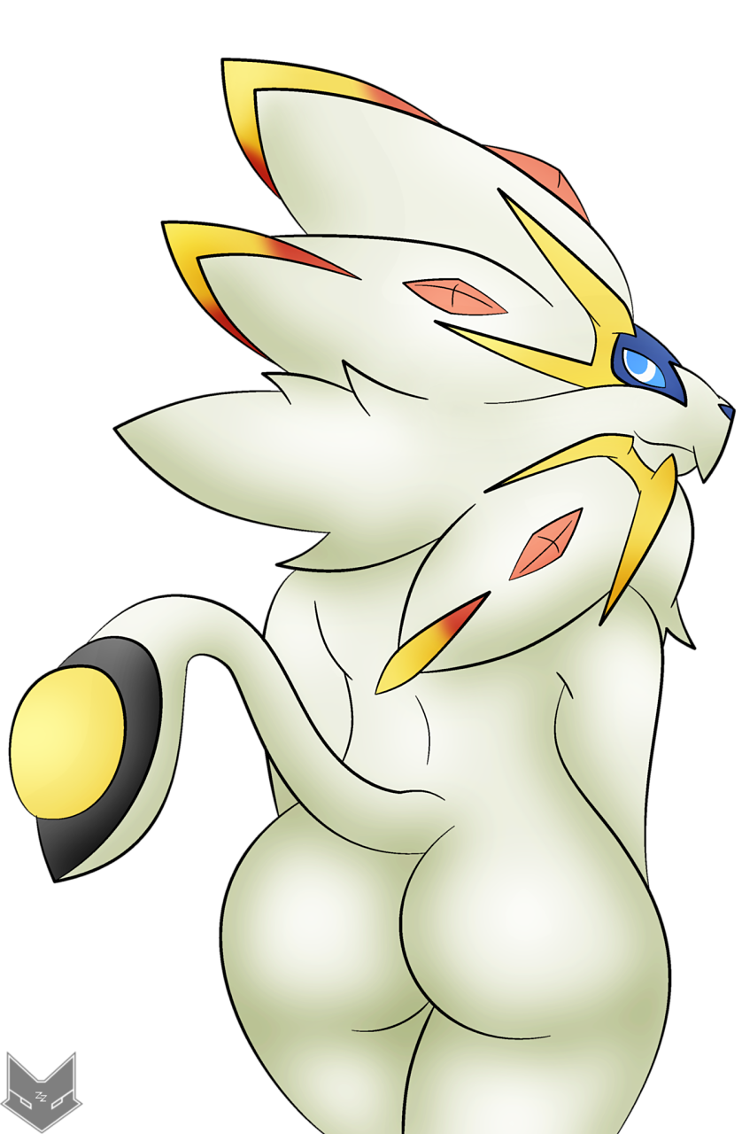 2016 alpha_channel ambiguous_gender anthro anthrofied big_butt blue_sclera butt felid fur hi_res legendary_pok&eacute;mon looking_at_viewer looking_back mammal nintendo nude pok&eacute;mon pok&eacute;mon_(species) pok&eacute;morph raised_tail rear_view simple_background smile solgaleo solo standing thick_thighs transparent_background video_games white_fur white_skin wide_hips zinzoa