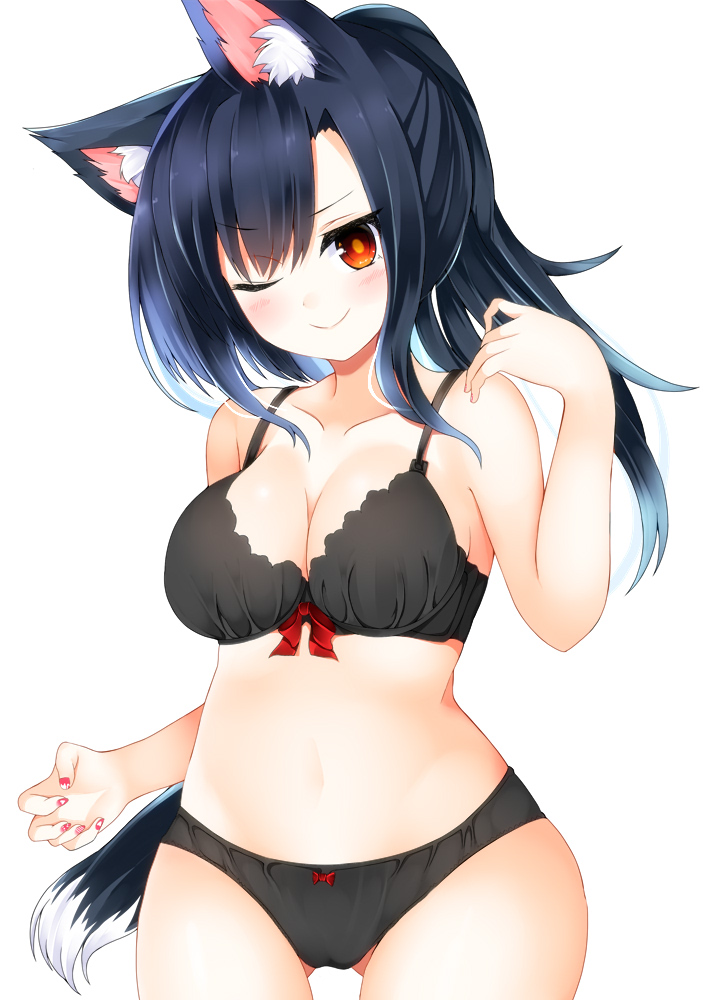 1girl ;) animal_ear_fluff animal_ears azur_lane bangs bare_arms bare_shoulders black_bra black_hair black_panties bow bow_bra bow_panties bra breasts cleavage closed_mouth collarbone cowboy_shot eyebrows_visible_through_hair fingernails gluteal_fold hand_up hidaka0503 legs_apart long_hair looking_at_viewer medium_breasts nail_polish navel one_eye_closed orange_eyes panties ponytail red_bow shigure_(azur_lane) smile solo tail underwear v-shaped_eyebrows wolf_ears wolf_girl wolf_tail