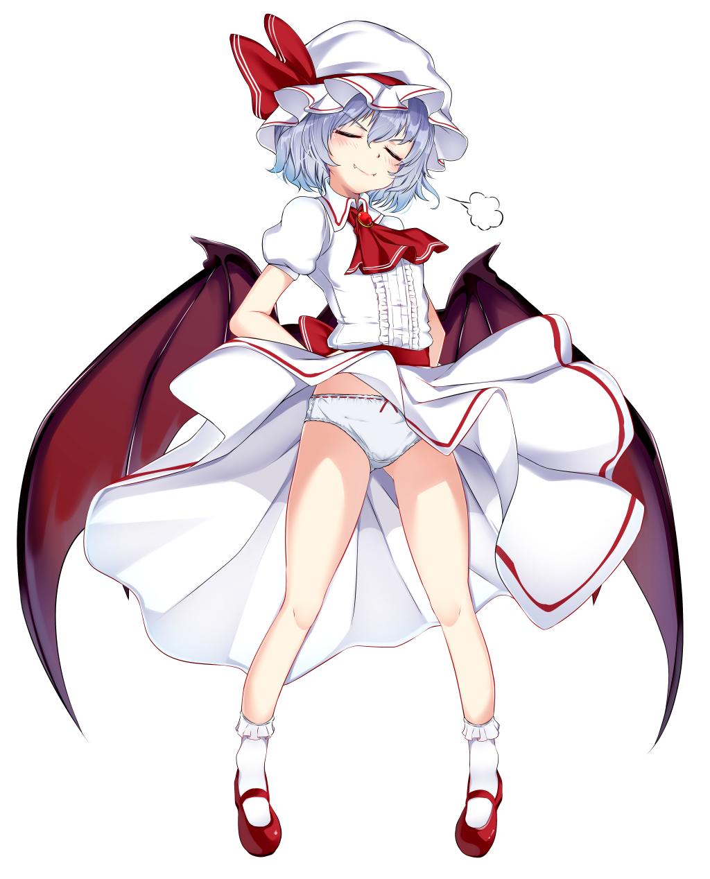 &gt;:) 1girl =3 ascot bangs bare_legs bat_wings blue_hair blush brooch commentary_request dress eyebrows_visible_through_hair eyes_closed fang fang_out full_body gluteal_fold hair_between_eyes hands_on_hips hat hat_ribbon head_tilt highres jewelry mary_janes mob_cap paburisiyasu panties pantyshot pantyshot_(standing) puffy_short_sleeves puffy_sleeves red_footwear red_neckwear red_ribbon red_sash remilia_scarlet ribbon sash shoes short_sleeves simple_background smile socks solo standing thighs touhou underwear v-shaped_eyebrows white_background white_dress white_headwear white_legwear white_panties wind wind_lift wings