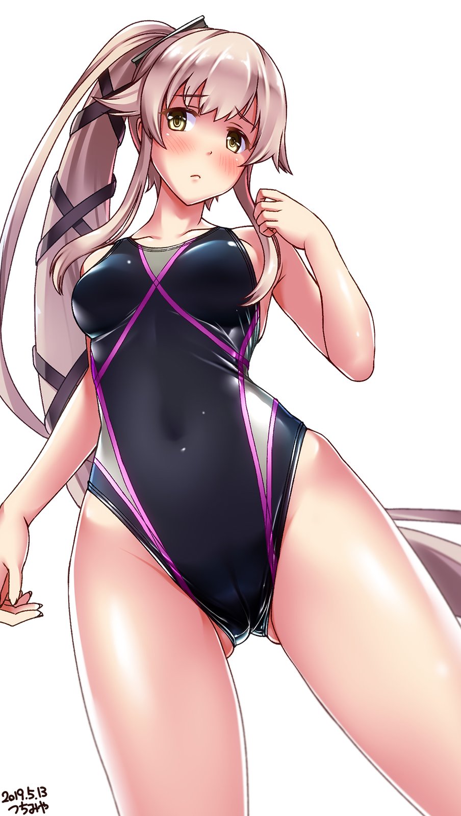 1girl arm_at_side bangs black_swimsuit blush breasts cameltoe competition_swimsuit covered_navel cowboy_shot dated embarrassed eyebrows_visible_through_hair gluteal_fold green_eyes hair_flaps hair_ornament hand_up highres kantai_collection long_hair looking_at_viewer medium_breasts one-piece_swimsuit pink_hair ponytail remodel_(kantai_collection) sidelocks signature solo swimsuit tareme tsuchimiya very_long_hair yura_(kantai_collection)