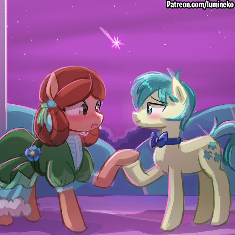 1:1 alternate_species blush bow_tie clothing dress duo equid equine female friendship_is_magic horse lumineko male mammal my_little_pony night pony sandbar_(mlp) shooting_star star yona_(mlp)