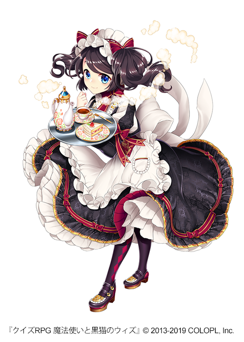 1girl apron argyle argyle_legwear black_legwear black_skirt blue_eyes bow brown_hair cake clenched_hand cup dessert food fork frills full_body hair_bow hand_up holding holding_tray mahou_tsukai_to_kuroneko_no_wiz maid maid_apron official_art pocket red_bow shoes short_twintails skirt slice_of_cake solo tea teacup teapot tray twintails watermark white_background white_bow