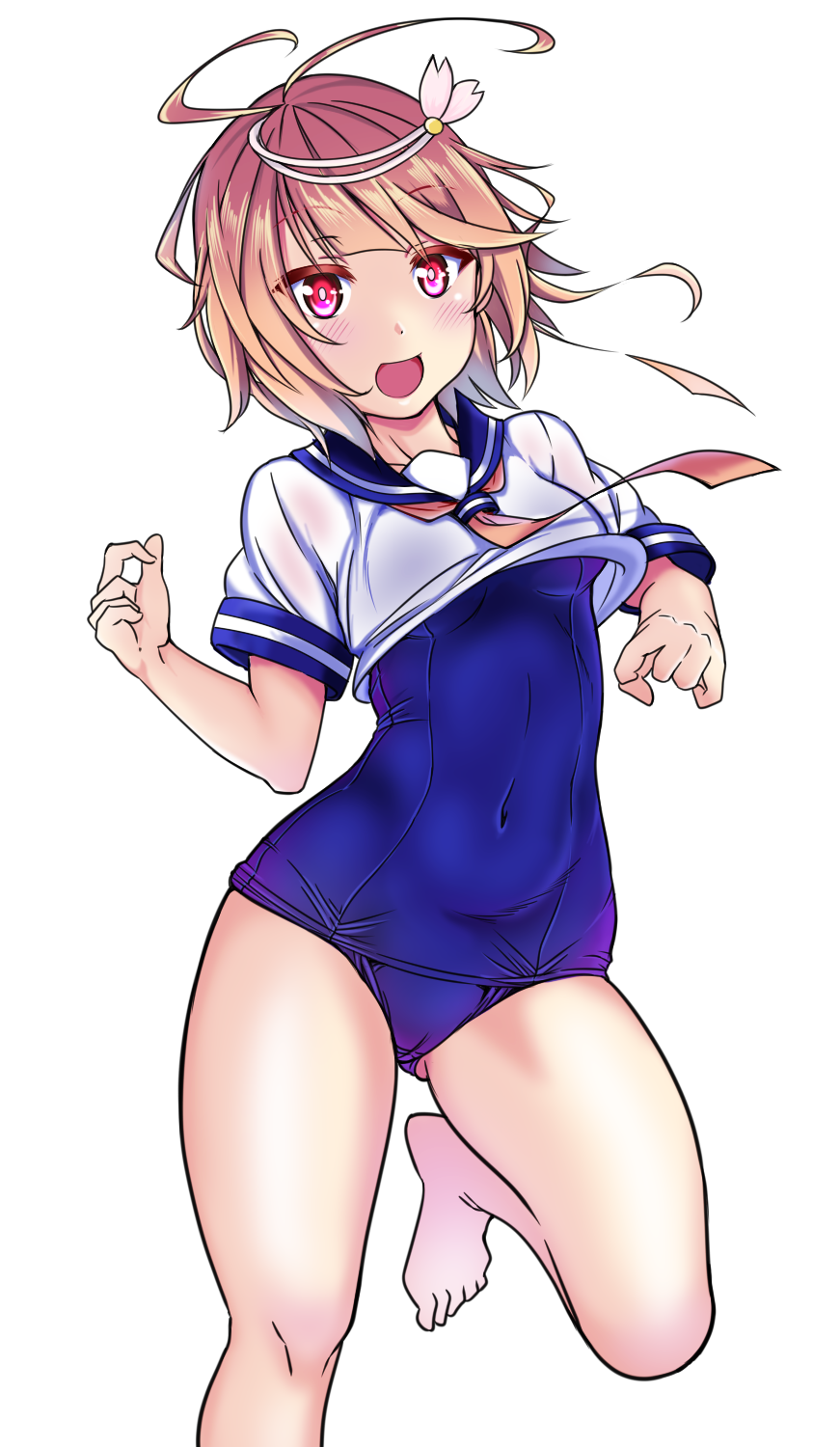 1girl ahoge aiuchi barefoot blue_swimsuit covered_navel gluteal_fold hair_ornament highres i-58_(kantai_collection) kantai_collection looking_at_viewer neckerchief one-piece_swimsuit open_mouth pink_hair pink_neckwear red_eyes school_swimsuit school_uniform serafuku short_hair simple_background smile solo swimsuit swimsuit_under_clothes white_background