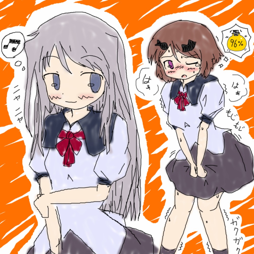 2girls bangs black_legwear black_skirt blue_eyes blue_shirt blush bow bowtie breasts breath brown_hair closed_mouth embarrassed eyebrows_visible_through_hair female grey_hair hair_ornament hairclip hand_up happy japanese_text jirene long_hair looking_at_another looking_back miniskirt multiple_girls musical_note nose_blush one_eye_closed open_mouth orange_background original outline puffy_short_sleeves puffy_sleeves purple_eyes red_neckwear school_uniform shirt short_hair short_sleeves simple_background sketch skirt small_breasts smile socks standing sweat tears thought_bubble translation_request trembling urine_meter v_arms white_outline