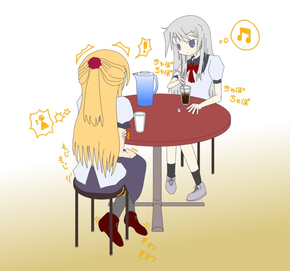 ! 2girls bangs black_legwear blonde_hair blue_eyes blue_shirt blue_skirt bow bowtie chair closed_mouth cup drink drinking_glass drinking_straw expressionless eyebrows_visible_through_hair female flower from_behind full_body gradient gradient_background grey_footwear grey_legwear hair_flower hair_ornament hand_up have_to_pee japanese_text jirene jpeg_artifacts jug long_hair looking_at_another multiple_girls musical_note original puffy_short_sleeves puffy_sleeves red_flower red_footwear red_neckwear red_rose rose school_uniform shirt shoes short_sleeves simple_background sitting skirt socks table thought_bubble tied_hair translation_request trembling yellow_background