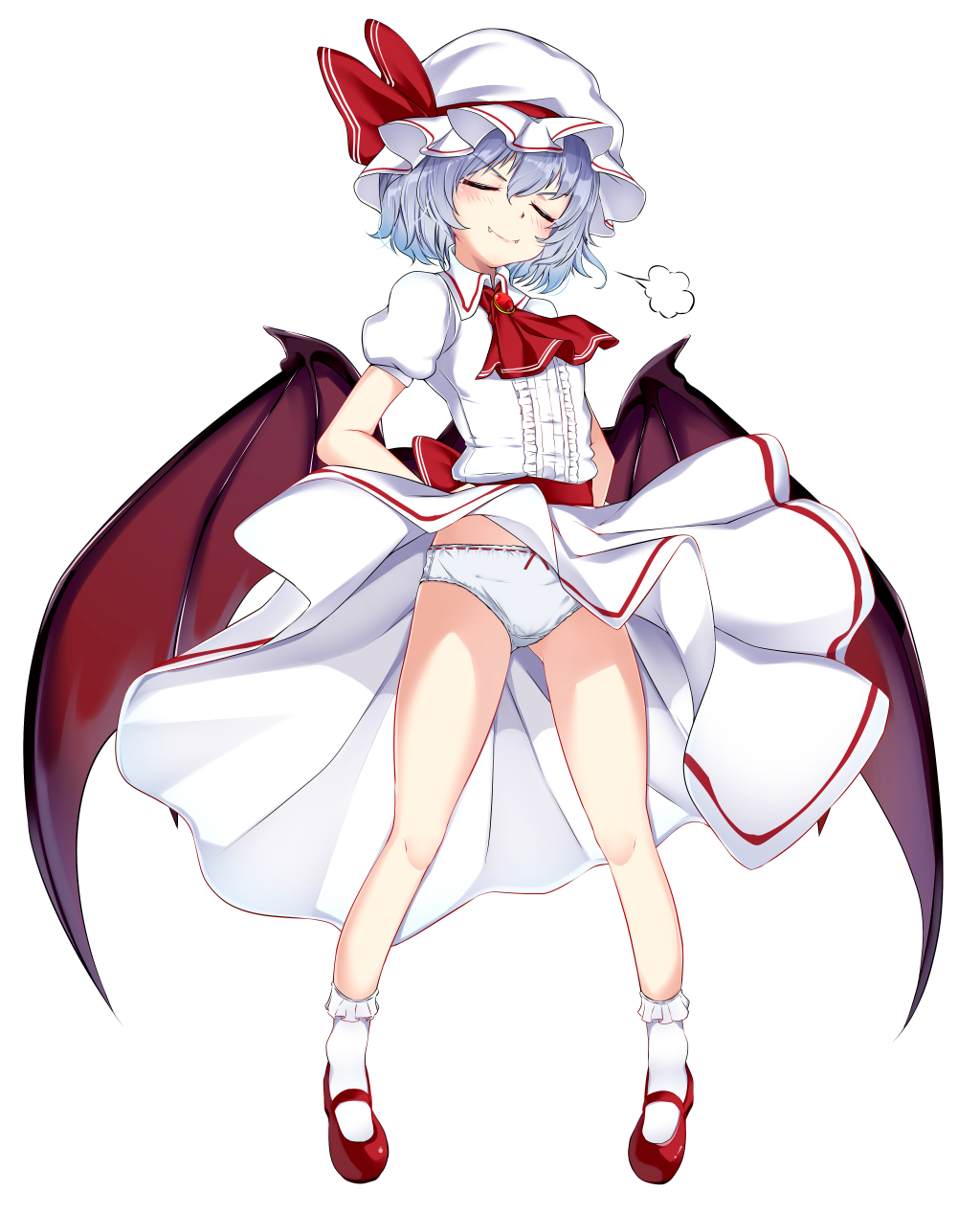 &gt;:) 1girl =3 ascot bangs bare_legs bat_wings blue_hair blush bow bow_panties brooch doyagao dress eyebrows_visible_through_hair eyes_closed fang fang_out full_body gluteal_fold hair_between_eyes hands_on_hips hat hat_ribbon head_tilt highres jewelry mary_janes mob_cap paburisiyasu panties pantyshot pantyshot_(standing) puffy_short_sleeves puffy_sleeves red_footwear red_neckwear red_ribbon red_sash remilia_scarlet ribbon sash shoes short_sleeves simple_background smile socks solo standing thighs touhou underwear v-shaped_eyebrows white_background white_dress white_headwear white_legwear white_panties wind wind_lift wings