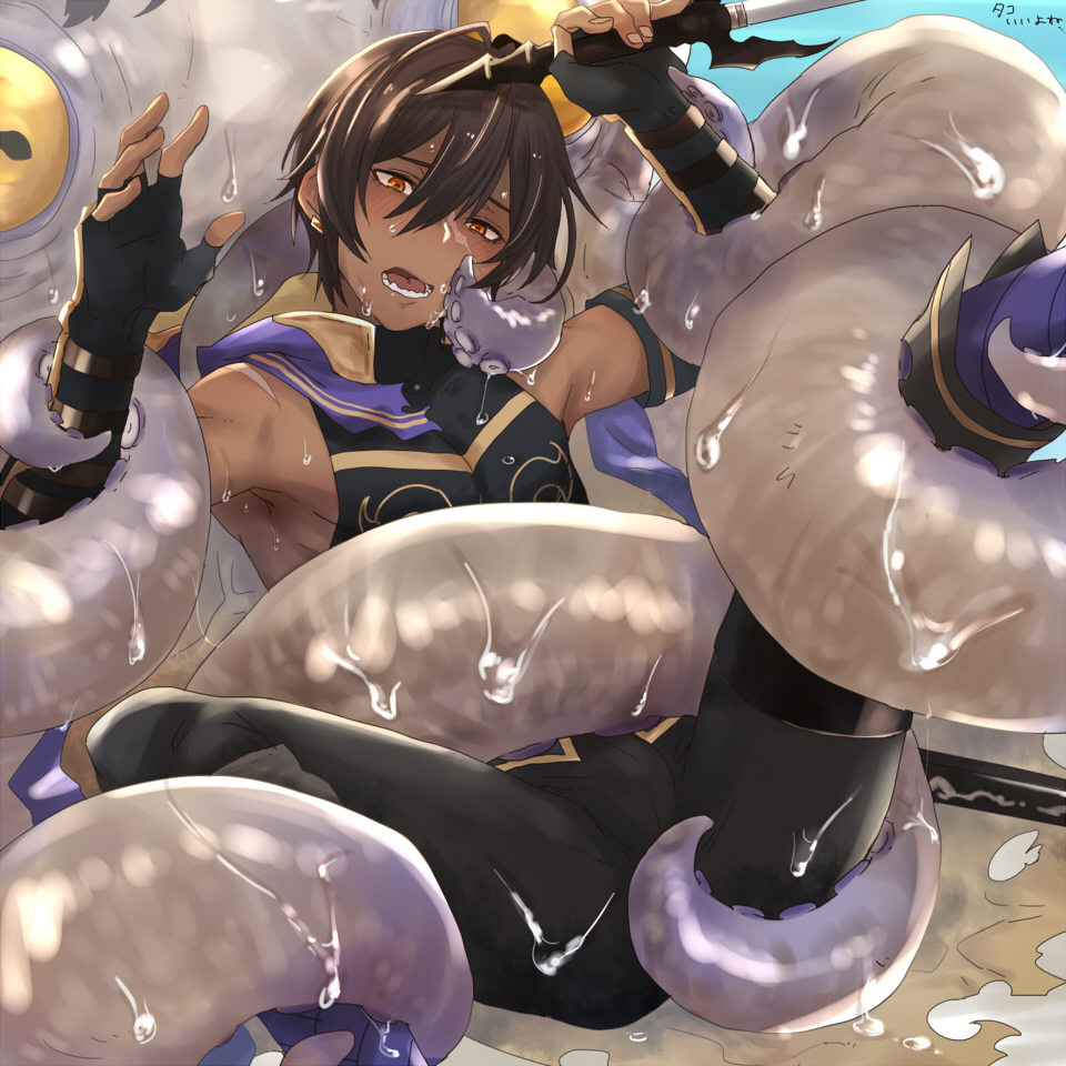 10s 1boy ? @@@ bestiality black_gloves black_hair black_shirt blush bulge dark_skin dark_skinned_male elbow_gloves fingerless_gloves gloves granblue_fantasy jamil_(granblue_fantasy) male_focus muscle nipples octopus scar shirt shirt_lift short_hair sitting sleeveless sleeveless_shirt solo tentacle yaoi