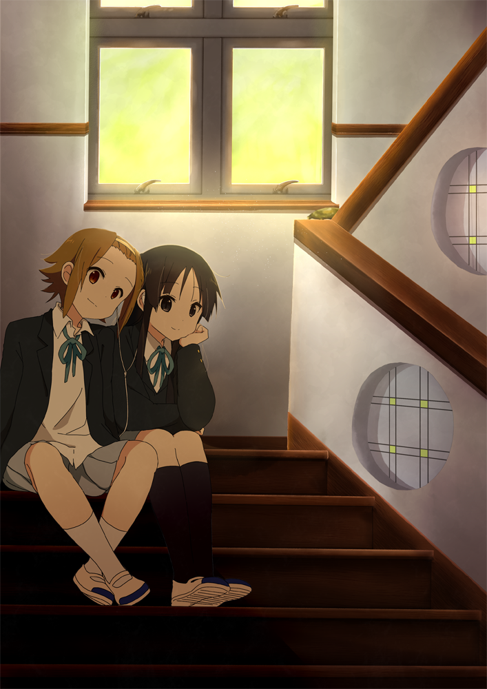 2girls akiyama_mio black_eyes black_hair brown_eyes brown_hair earphones hairband hand_on_own_cheek head_tilt indoors k-on! kneehighs komugiko long_hair multiple_girls shared_earphones shoes short_hair skirt smile socks stairs tainaka_ritsu window