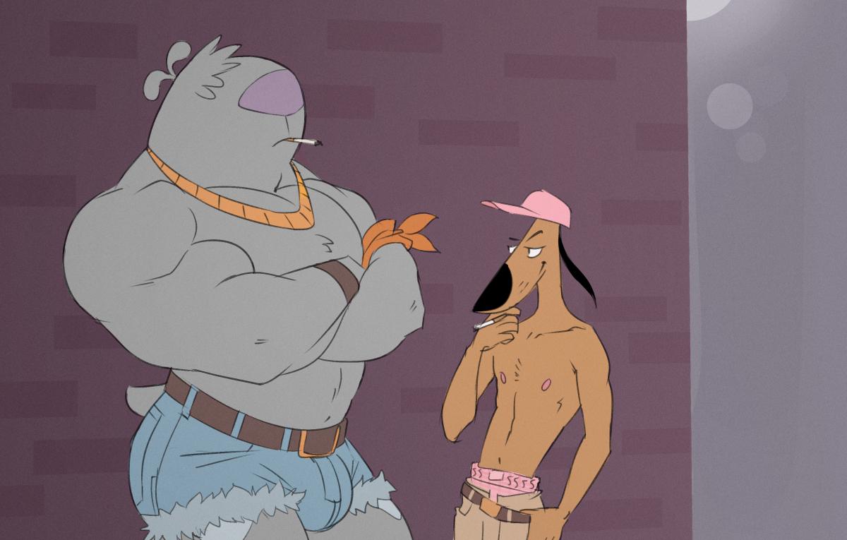 2_stupid_dogs anthro belt bulge canid canine canis cigarette clothed clothing domestic_dog duo hanna-barbera hat headgear headwear kazushifluff male mammal muscular navel nipples the_big_dog the_little_dog topless underwear
