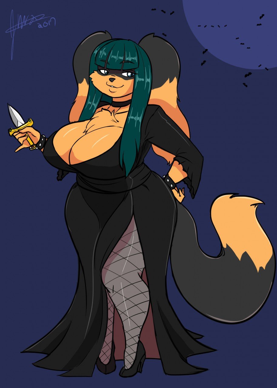 better_version_at_source breasts canid canine canis cleavage clothed clothing costume dagger domestic_dog elvira halloween hi_res holidays jwinkz mammal melee_weapon moon night smile solo weapon zoey_(jwinkz)