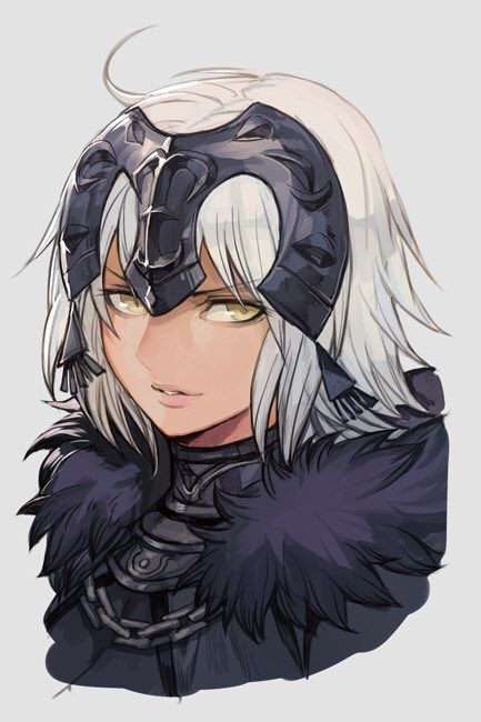 1girl ahoge chains cropped_arms cropped_torso fate/grand_order fate_(series) fur_trim grey_hair hankuri headpiece jeanne_d'arc_(alter)_(fate) jeanne_d'arc_(fate)_(all) looking_at_viewer messy_hair parted_lips short_hair solo white_background yellow_eyes
