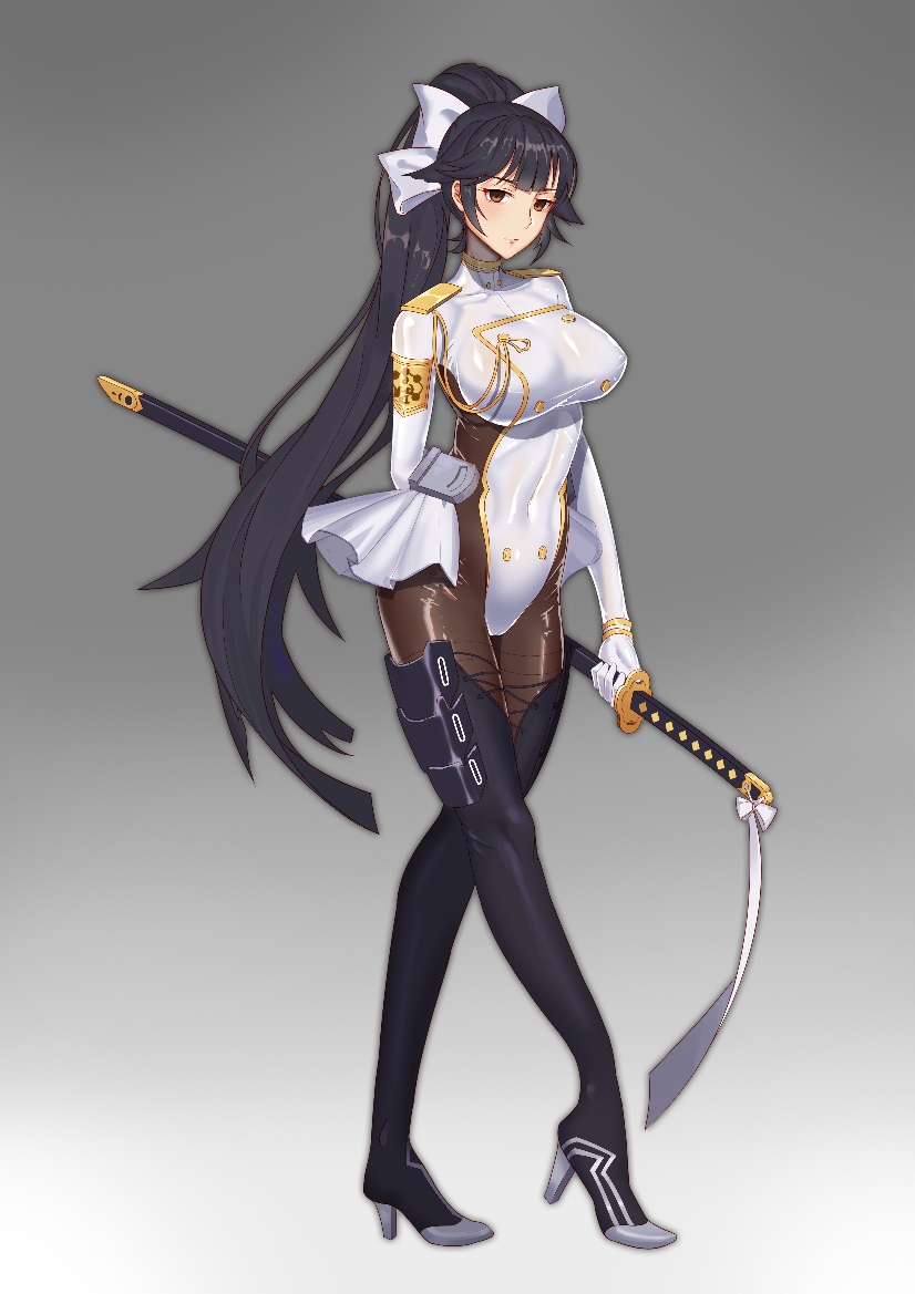 1girl arm_behind_back artist_request azur_lane bangs black_hair black_legwear blush boots bow breasts brown_eyes cameltoe closed_mouth collarbone commentary_request covered_navel erect_nipples eyebrows_visible_through_hair full_body gloves gradient hair_bow holding holding_sword holding_weapon katana large_breasts legs_crossed leotard long_hair looking_at_viewer ponytail solo stomach sword taimanin_suit takao_(azur_lane) thigh_boots thighhighs very_long_hair weapon white_bow