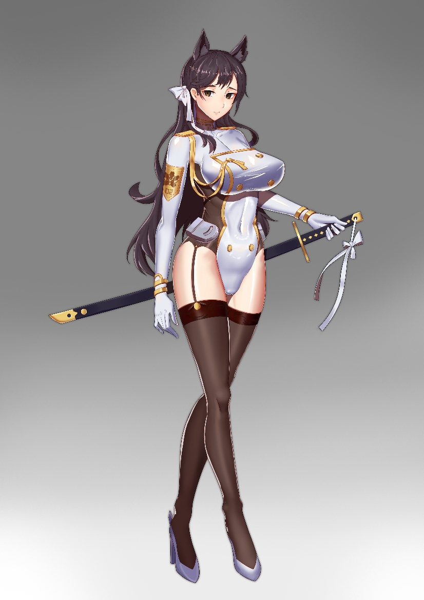 1girl animal_ear_fluff animal_ears artist_request atago_(azur_lane) azur_lane bangs black_hair black_legwear breasts brown_eyes cameltoe closed_mouth collarbone commentary_request covered_navel extra_ears eyebrows_visible_through_hair full_body garter_straps gloves gradient gradient_background hair_ribbon high_heels holding holding_sword holding_weapon katana large_breasts legs_crossed leotard long_hair looking_at_viewer ribbon solo standing stomach swept_bangs sword taimanin_suit thighhighs weapon white_ribbon