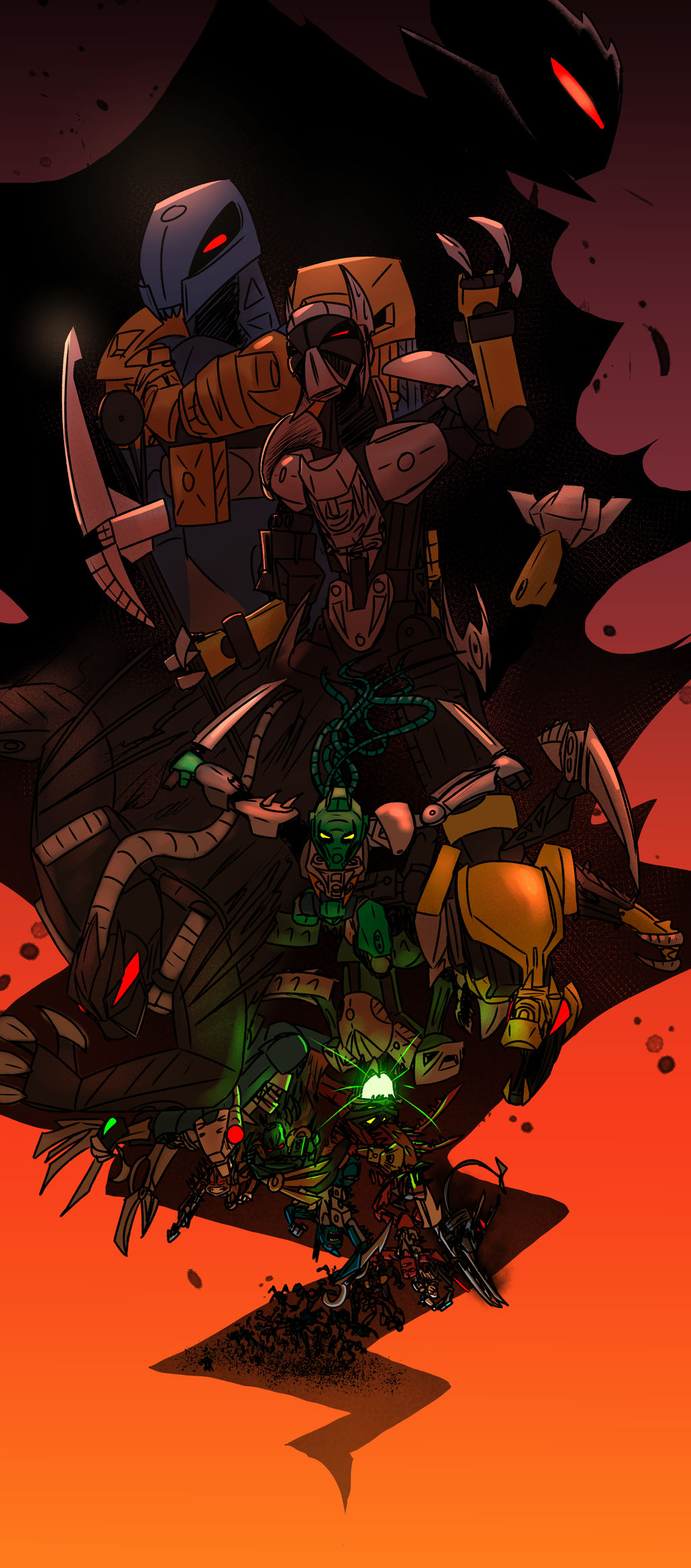 airwatcher ambiguous_gender ancient_(bionicle) armor bionicle bioniclechicken biped blade blue_body claws conjurer_(bionicle) devastator_(bionicle) digital_drawing_(artwork) digital_media_(artwork) fangs female green_body grey_body group hair hi_res holding_object holding_weapon humanoid krekka lariska lego living_machine long_hair machine male mask multicolored_body nidhiki not_furry open_mouth red_eyes robot simple_background standing teeth the_shadowed_one weapon yellow_eyes