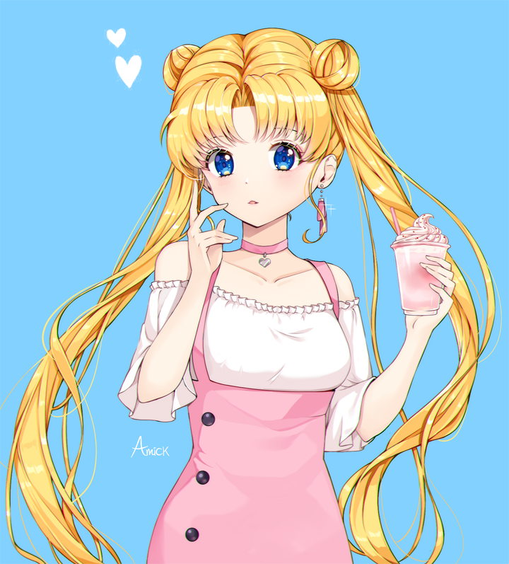 1girl amick_(americanomix) artist_request bangs bishoujo_senshi_sailor_moon blonde_hair blue_background blue_eyes blush choker collarbone cup disposable_cup double_bun drinking_straw earrings frilled_shirt frills hands_up heart holding holding_cup jewelry long_hair looking_at_viewer parted_bangs parted_lips pink_choker shirt short_sleeves sidelocks smoothie solo tsukino_usagi twintails upper_body very_long_hair white_shirt