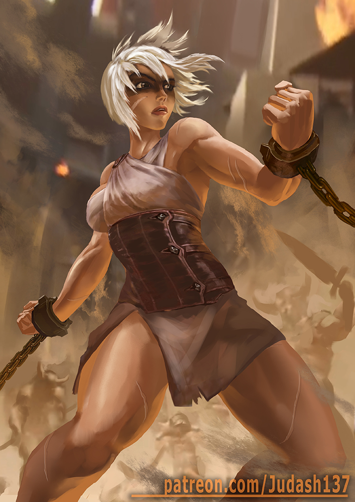 1girl bare_shoulders breasts chains hair_between_eyes judash137 large_breasts league_of_legends legs looking_at_viewer makeup muscle open_mouth paid_reward patreon_reward restrained riven short_hair slave solo spread thighs toned white_hair