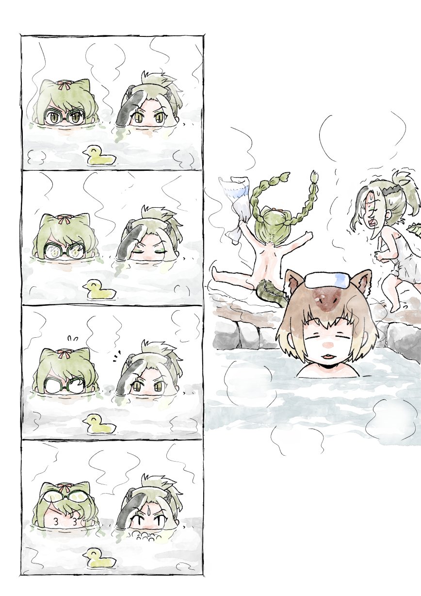 3_3 3girls 4koma braid brown_hair capybara_(kemono_friends) comic commentary_request crocodile_tail eyewear_on_head fogged_glasses glasses green_hair highres kemono_friends long_hair multiple_girls murakami_kou_(raye) nude onsen partially_submerged rubber_duck saltwater_crocodile_(kemono_friends) short_hair silent_comic slit_pupils spectacled_caiman_(kemono_friends) steam towel towel_on_head twin_braids water