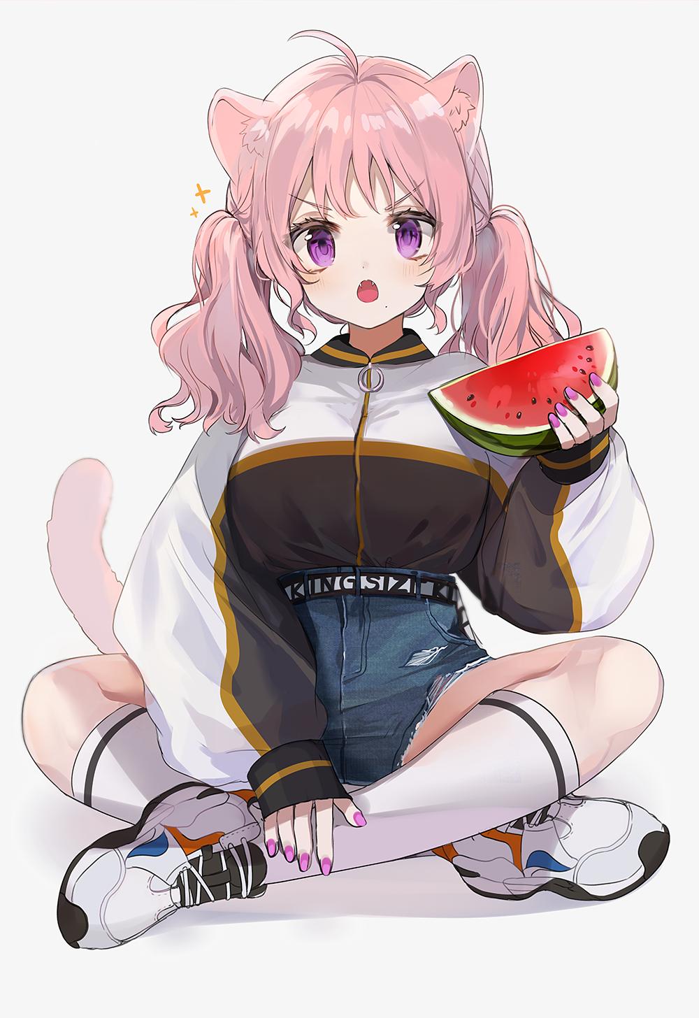 1girl ahoge animal_ears bangs black_jacket blush cat_ears cat_girl cat_tail denim denim_shorts fangs food fruit full_body high-waist_shorts highres holding holding_food jacket legs_crossed long_sleeves looking_at_viewer low_twintails mid_(gameshe) nail_polish open_mouth original pink_hair pink_nails puffy_sleeves purple_eyes shoes short_shorts shorts simple_background sitting sleeves_past_wrists sneakers socks tail track_jacket twintails watermelon white_jacket white_legwear