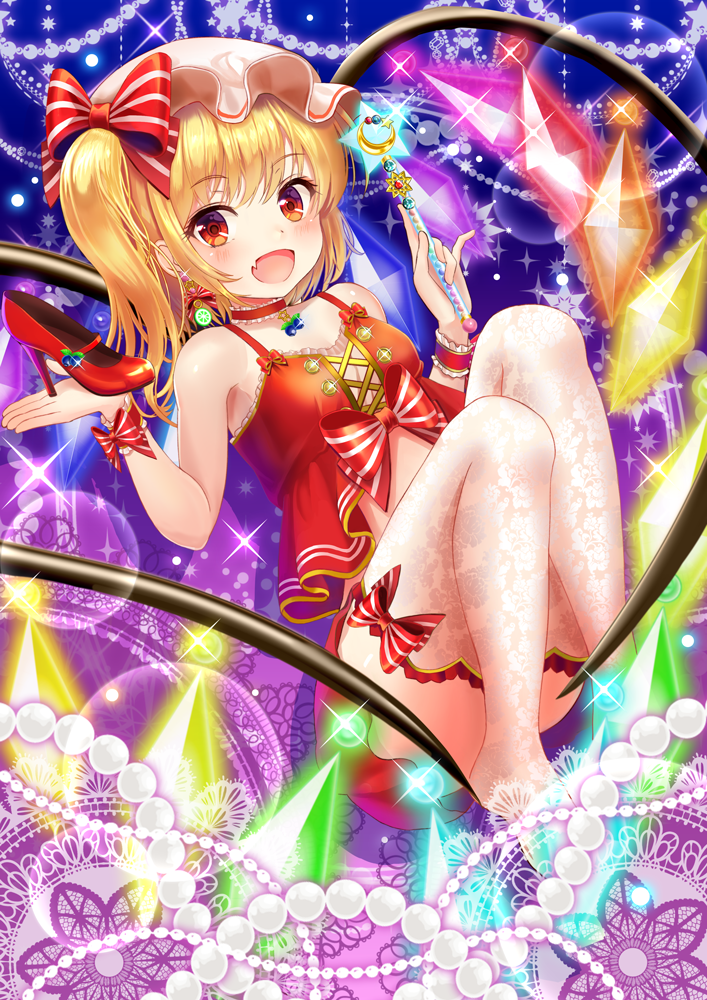 1girl :d alternate_costume ass bangs bare_arms bare_shoulders beads blonde_hair blush bow breasts camisole choker commentary_request convenient_leg crescent crystal earrings eyebrows_visible_through_hair fang flandre_scarlet frilled_choker frilled_legwear frills full_body hands_up hat hat_bow high_heels holding holding_wand jewelry long_hair looking_at_viewer mob_cap open_mouth orange_eyes red_bow red_choker red_footwear revision shoes_removed side_ponytail skin_fang small_breasts smile solo spaghetti_strap sparkle star striped striped_bow thighhighs thighs touhou uemura_shun wand white_headwear white_legwear wings wrist_cuffs