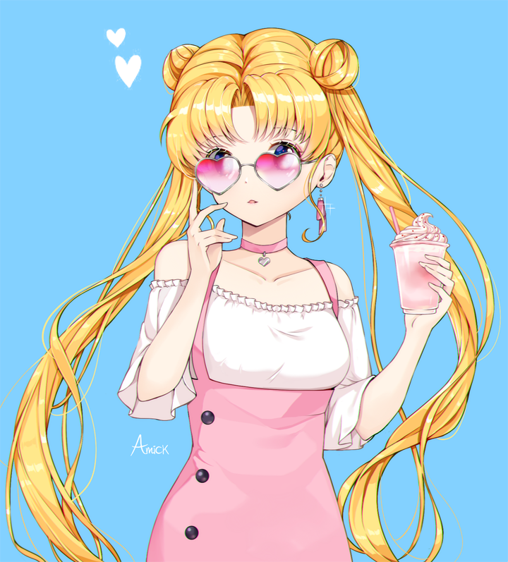 1girl amick_(americanomix) artist_request bangs bishoujo_senshi_sailor_moon blonde_hair blue_background blue_eyes blush choker collarbone cup disposable_cup double_bun drinking_straw earrings frilled_shirt frills hands_up heart heart-shaped_eyewear holding holding_cup jewelry long_hair looking_at_viewer parted_bangs parted_lips pink_choker shirt short_sleeves sidelocks smoothie solo sunglasses tsukino_usagi twintails upper_body very_long_hair white_shirt
