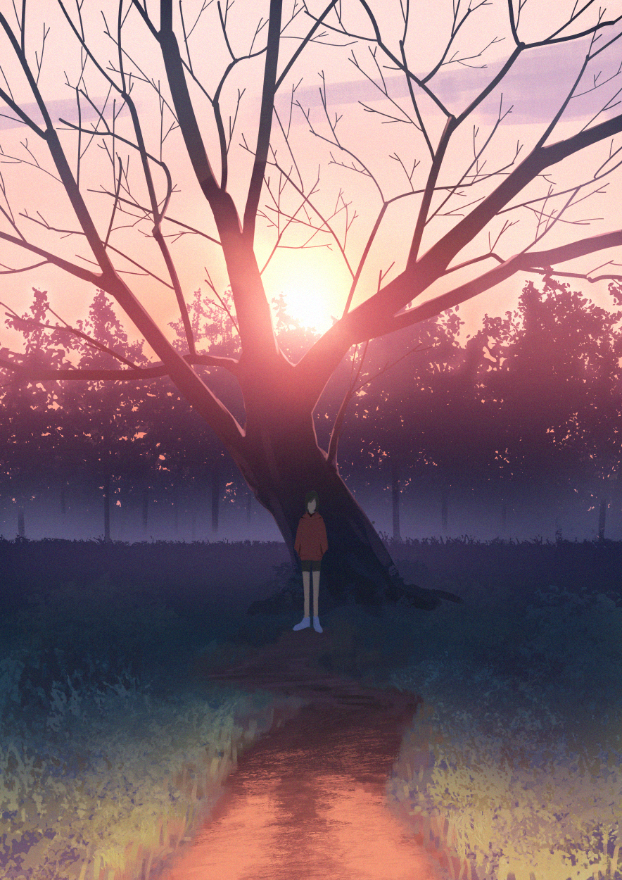 1girl amino_(tn7135) bare_tree cloud faceless faceless_female facing_viewer film_grain grass hands_in_pockets highres hood hoodie jacket original outdoors path red_jacket road scenery shorts sky solo standing sun sunset tree wide_shot