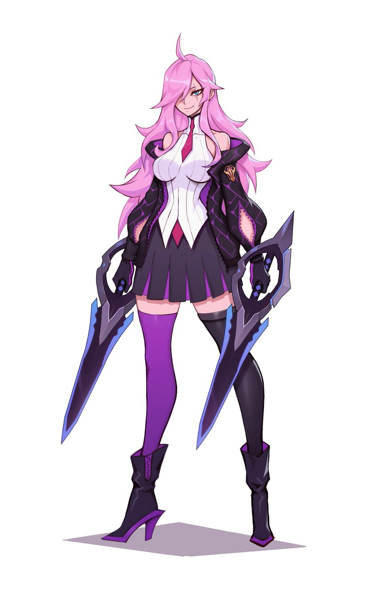 1girl bare_shoulders battle_academia_katarina blue_eyes boots breasts concept_art hair_over_one_eye high_heel_boots high_heels highres katarina_du_couteau large_breasts league_of_legends long_hair pink_hair sword thighhighs weapon weapons