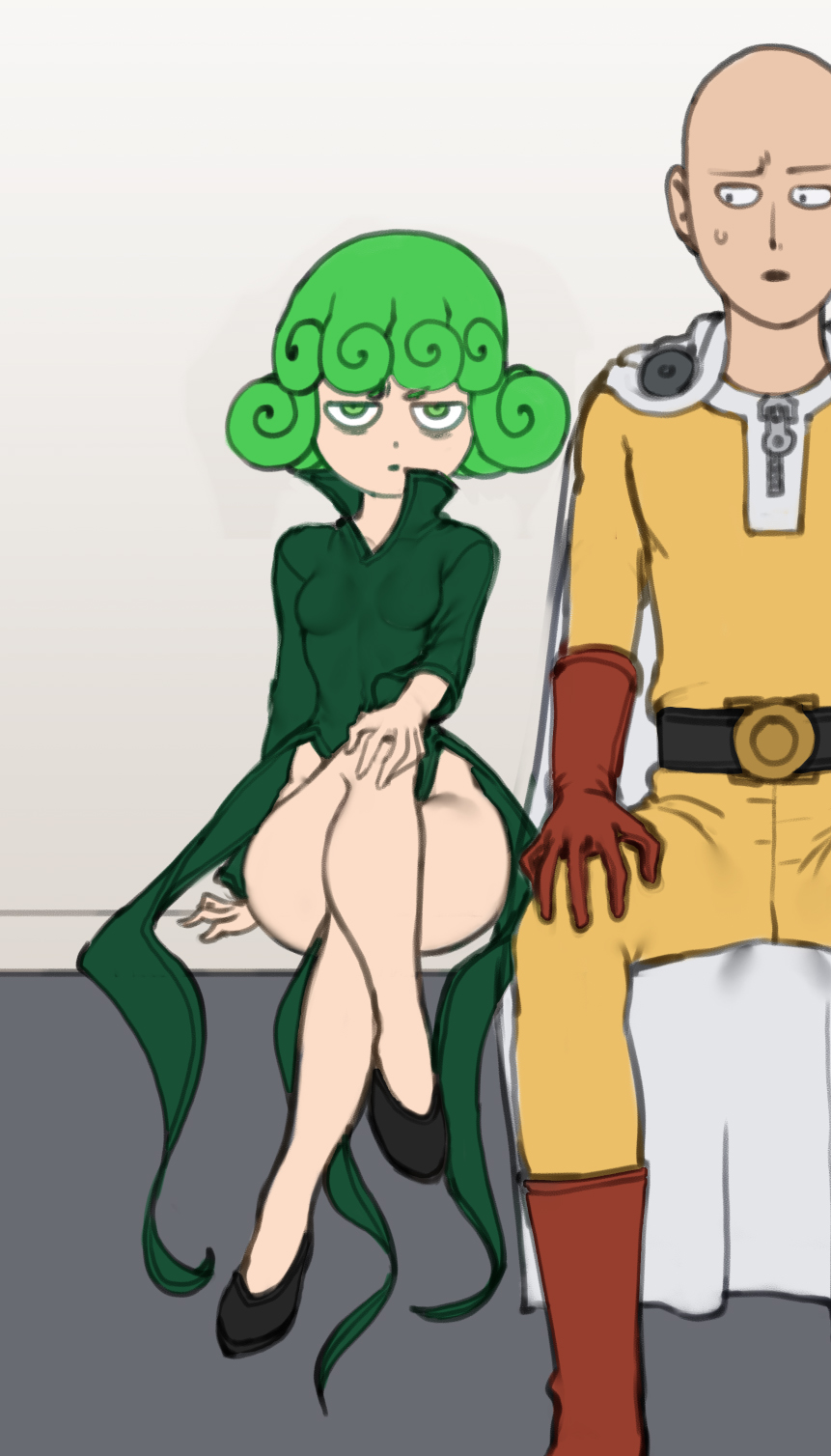 1boy 1girl bald belt boots breasts cape curly_hair dress female full_body gloves green_eyes green_hair groin half-closed_eyes high_heels highres legs legs_crossed long_sleeves looking_at_viewer male one-punch_man pelvic_curtain saitama_(one-punch_man) shoes short_hair sitting small_breasts superhero sweatdrop tatsumaki the_golden_smurf thighs