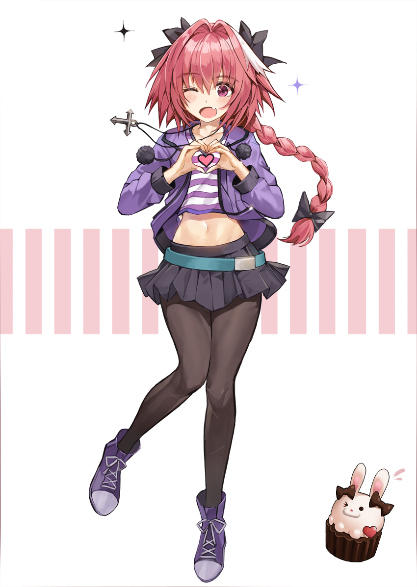 1boy astolfo_(fate) bangs black_bow black_legwear black_skirt blush bow braid commentary commission eto_(nistavilo2) eyebrows_visible_through_hair fang fate/grand_order fate_(series) full_body hair_bow hair_intakes hair_ribbon jacket long_hair looking_at_viewer male_focus midriff multicolored_hair navel open_mouth pantyhose pink_hair purple_eyes purple_jacket ribbon shirt shoes single_braid skirt smile solo streaked_hair striped striped_shirt trap